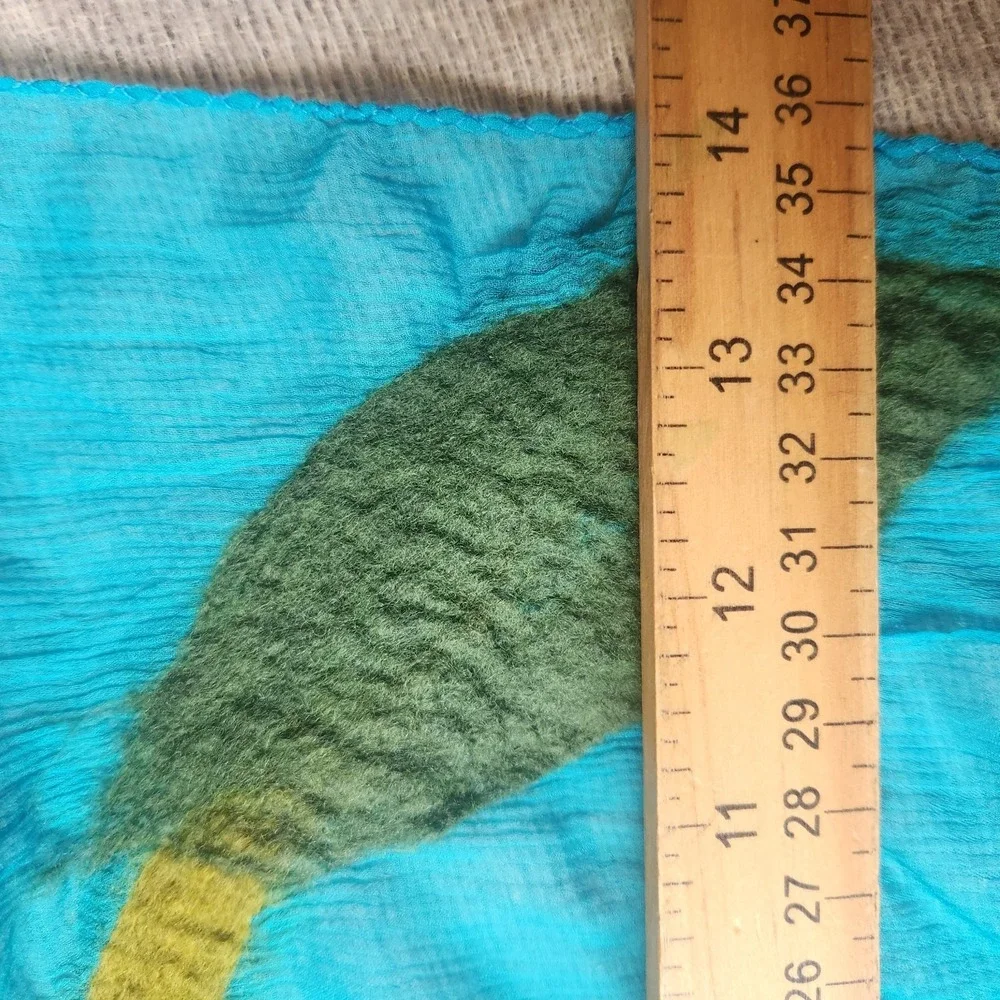 Felted Wool Long Scarf Chiffon Vine Floral BNB Made In‎ Nepal Blue Green